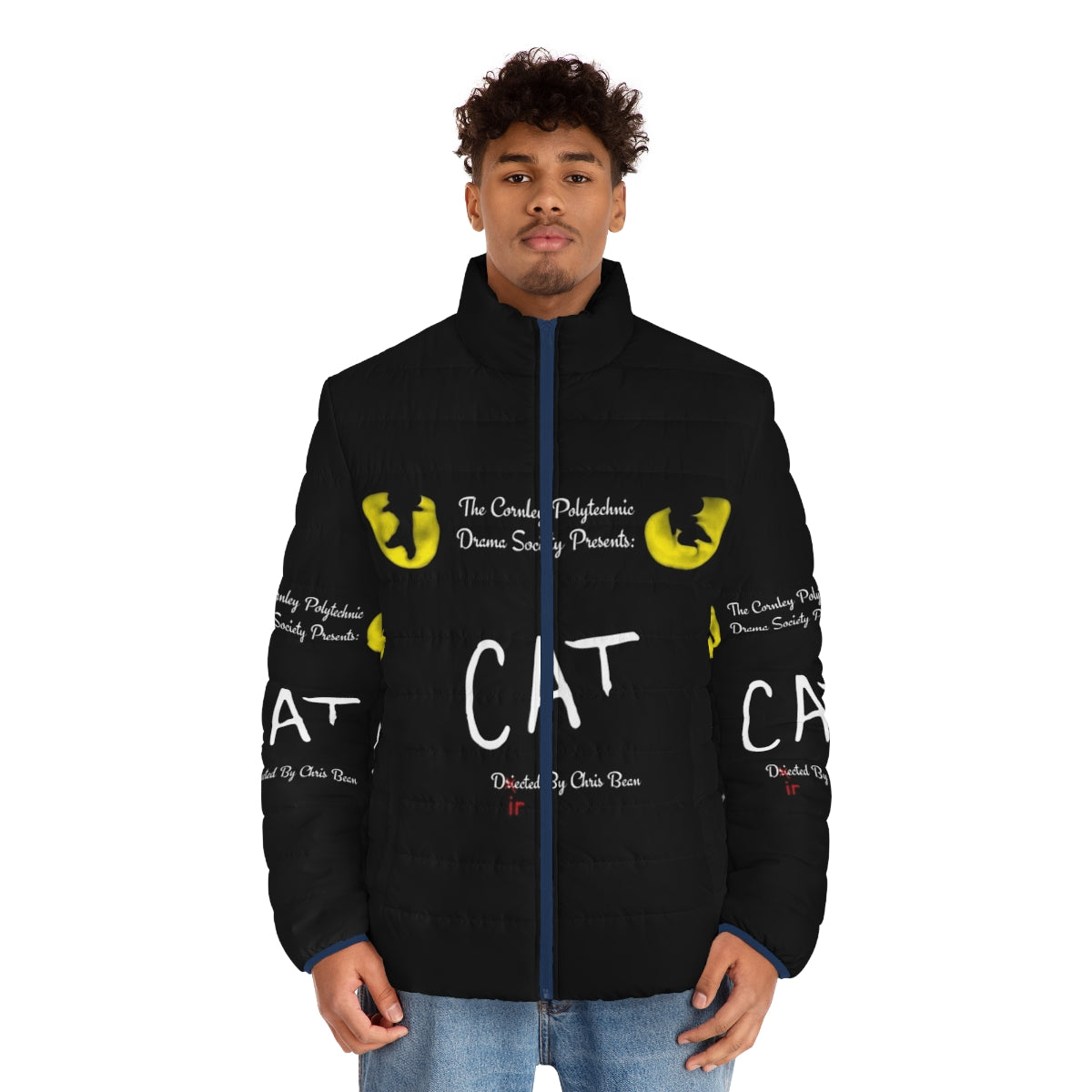 A cozy puffer jacket featuring a playful cat design inspired by the comedy 'The Play That Goes Wrong'. - men front