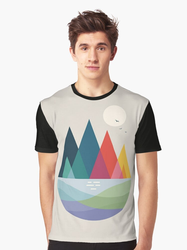 Vibrant and colorful graphic t-shirt featuring a landscape dream with a rainbow and geometric elements - Men