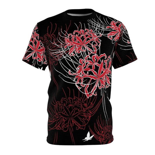 Stylish t-shirt featuring a vibrant spider lily and butterfly design in a Japanese-inspired pattern