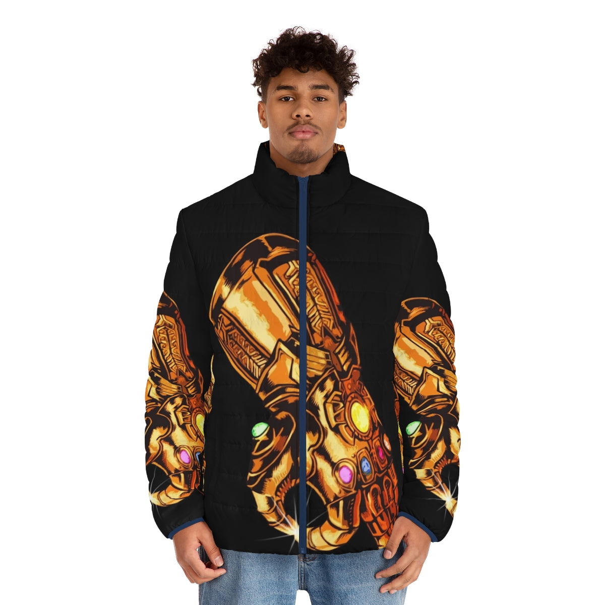 Infinity Gauntlet Circle Game Puffer Jacket featuring Thanos, Hulk, Thor, Iron Man, and Captain America - men front