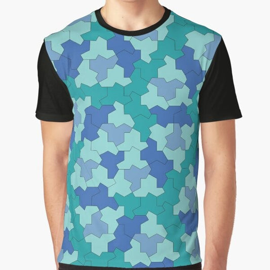 Aperiodic monotile Einstein shapes in blue and green geometric pattern on a t-shirt