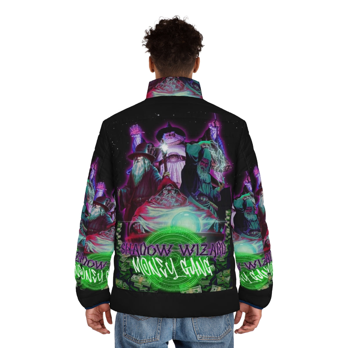 Shadow Wizard Money Gang Puffer Jacket with Streetwear Design - men back