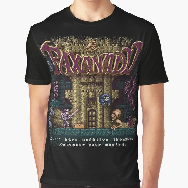 Retro 8-bit graphic t-shirt with the text "Remember Your Mantra" in a pixelated, vintage style