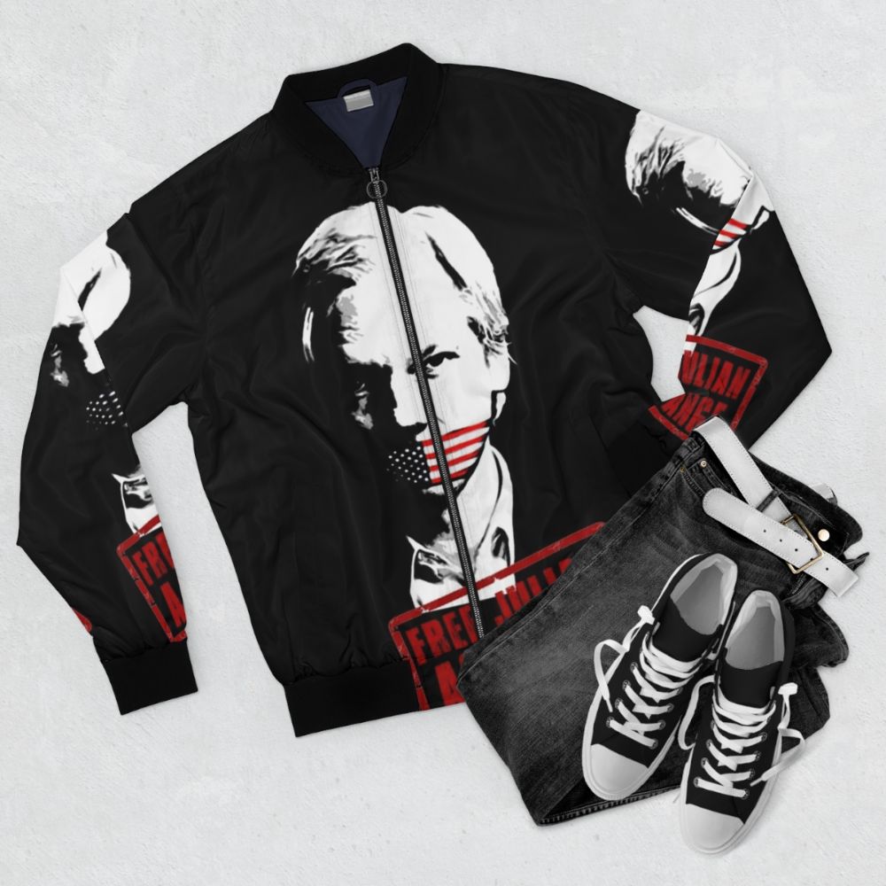 Free Julian Assange Political Bomber Jacket with Wikileaks and Truth Graphics - Flat lay