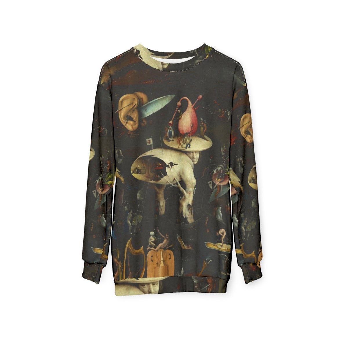 Hieronymus Bosch inspired sweatshirt featuring surreal "Hell" scene - hanging