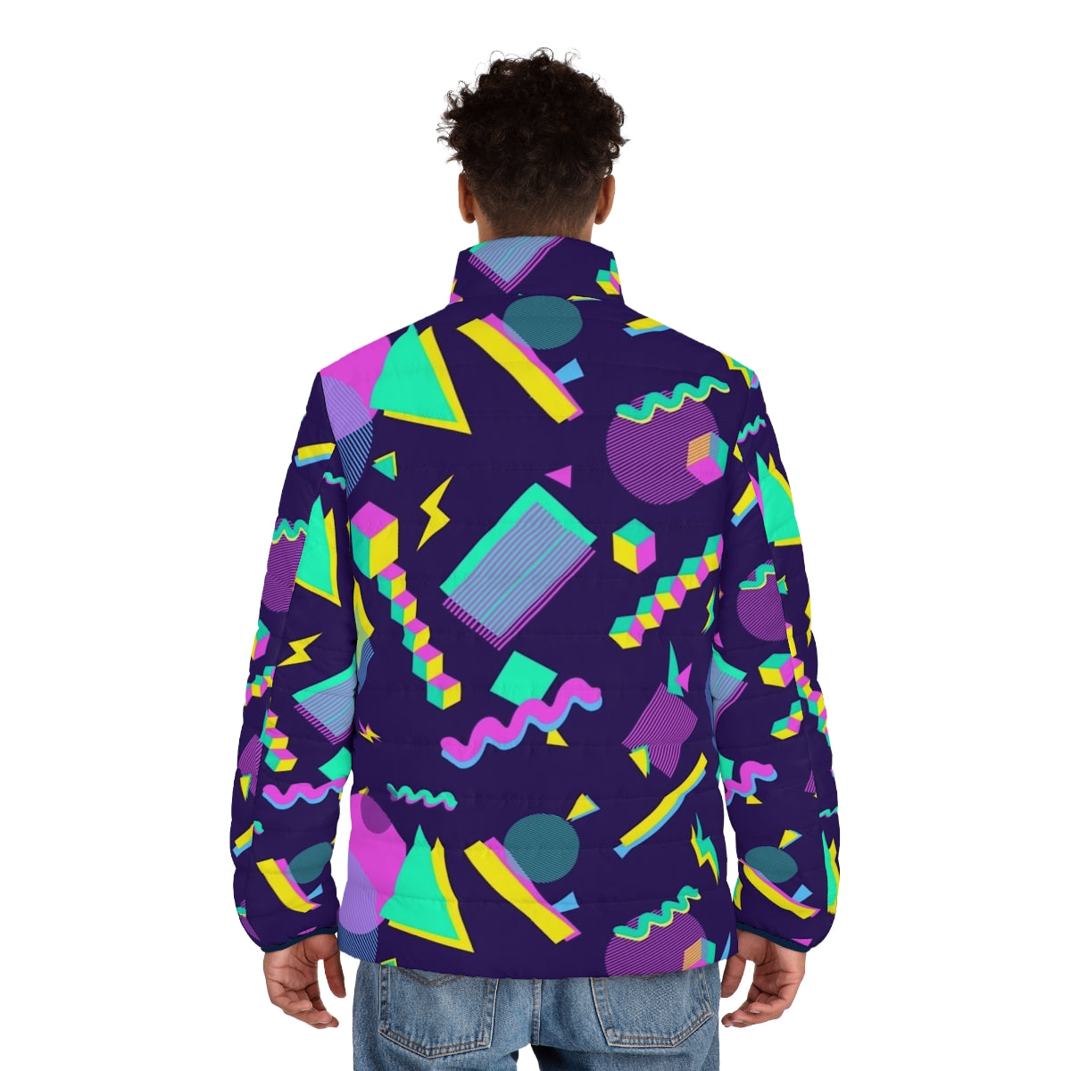 Colorful retro puffer jacket with geometric shapes and vaporwave aesthetic - men back