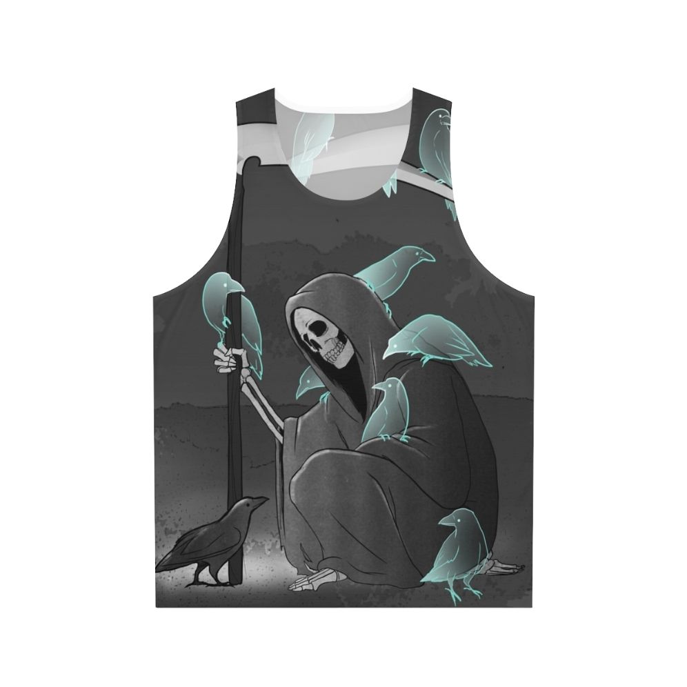 Unisex tank top with a dark gothic design featuring crows and a reaper