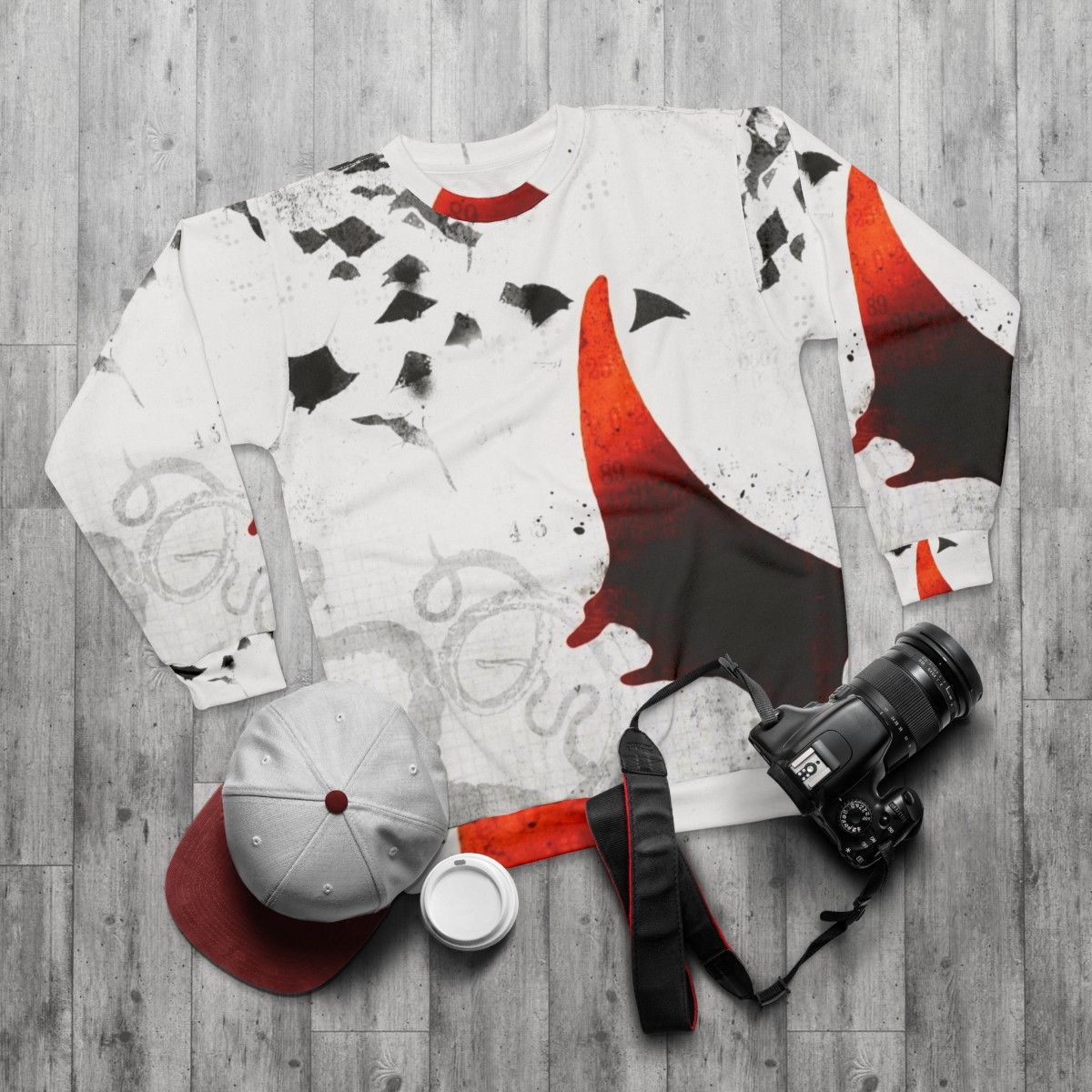 Manta Ray Red Sweatshirt with Gritty Ocean Sealife Design - flat lay