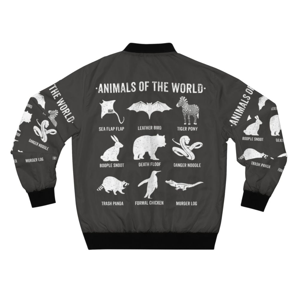 Vintage bomber jacket featuring designs of funny and rare animals from around the world, including bats, bears, crocodiles, and more. - Back