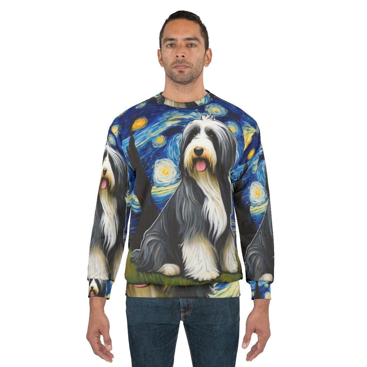 Bearded collie dog in starry night sweatshirt - men