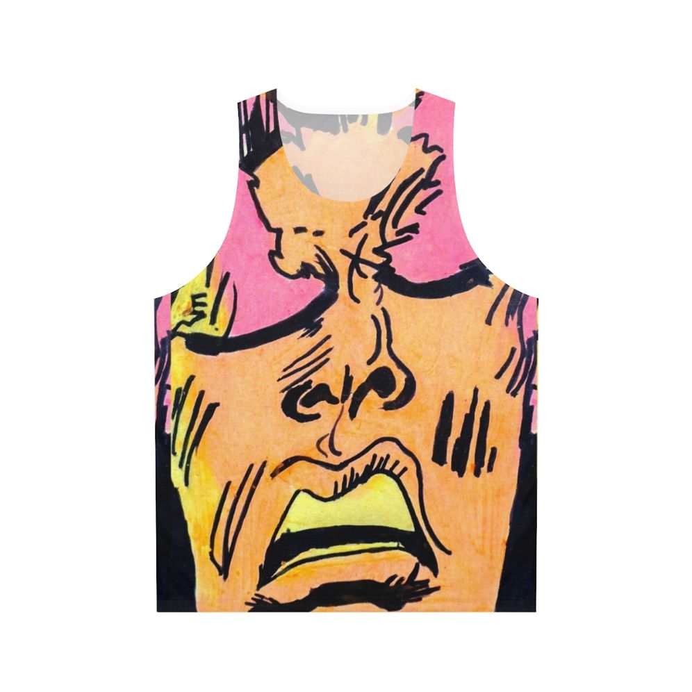 Retro comic art unisex tank top with expressive superhero faces