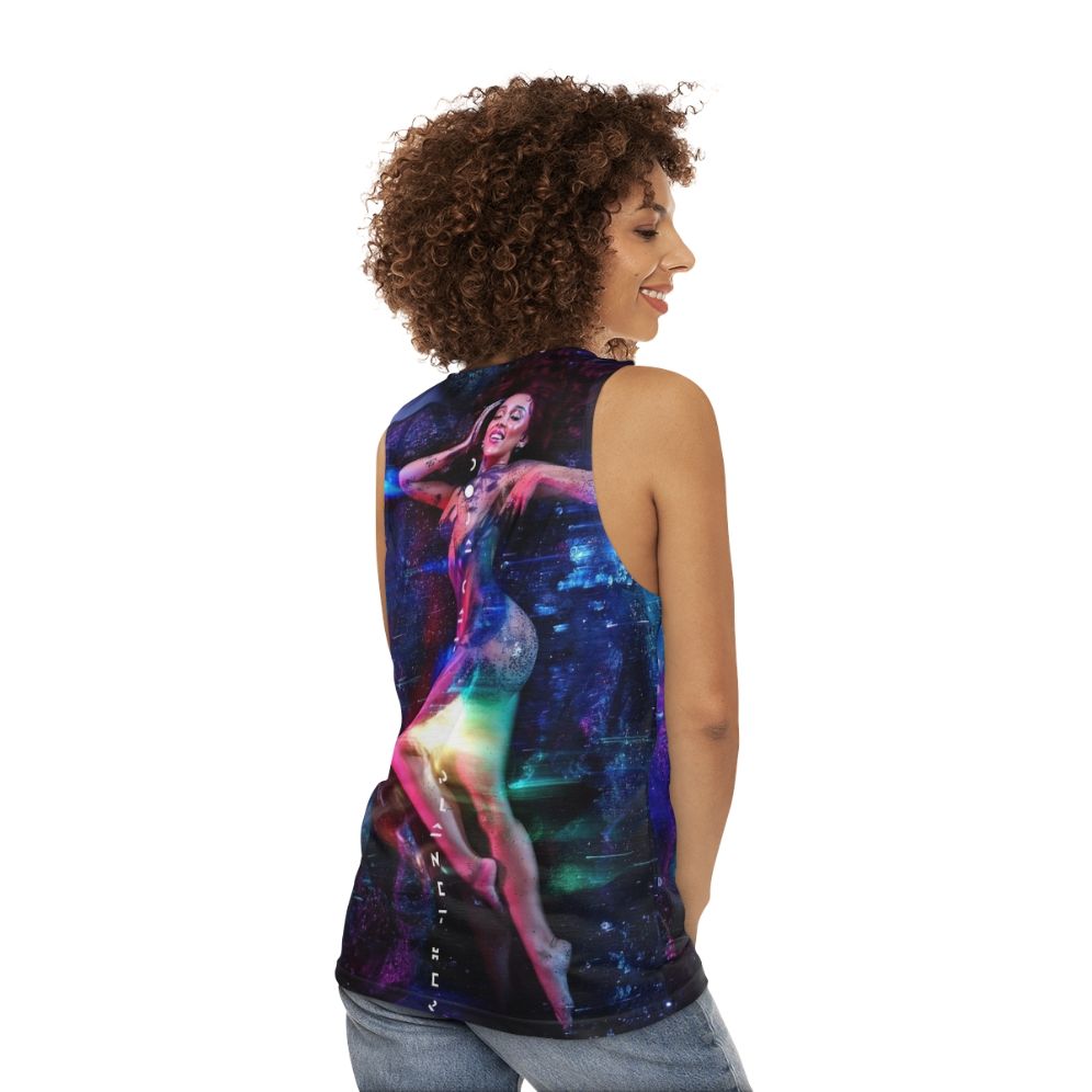 Anime-style cat lover's unisex tank top with "World Cat Love" design - women back