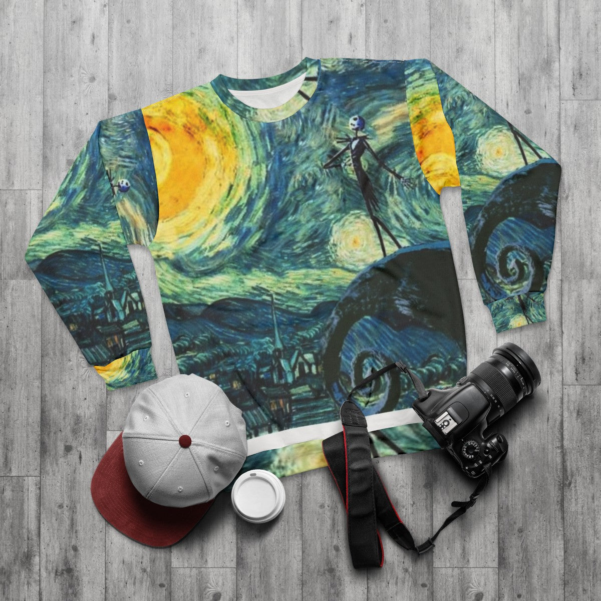 Starry night sweatshirt with nightmare before christmas skeleton design - flat lay