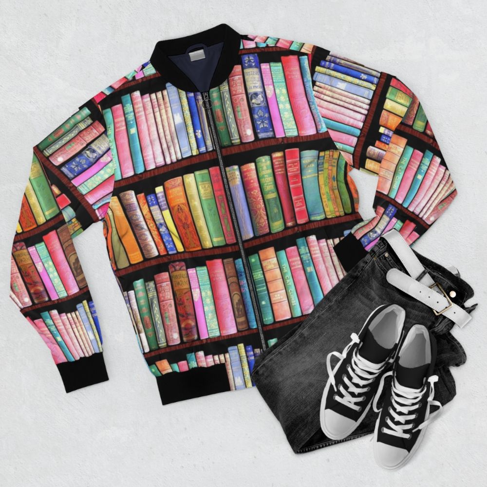 Vintage book lover's bomber jacket featuring a retro bookshelf and bookworm design - Flat lay