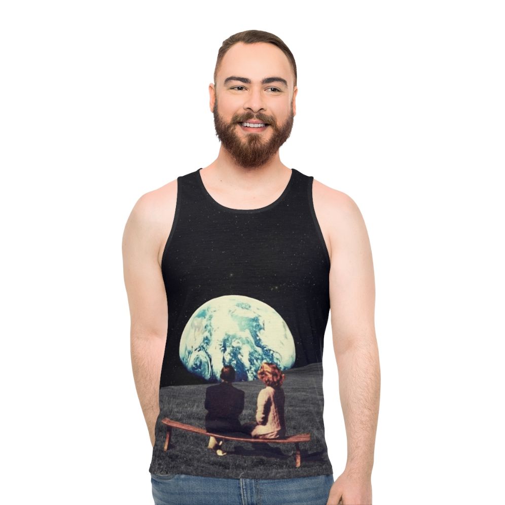 Unisex retrofuture tank top featuring a digital collage of a surreal landscape - men