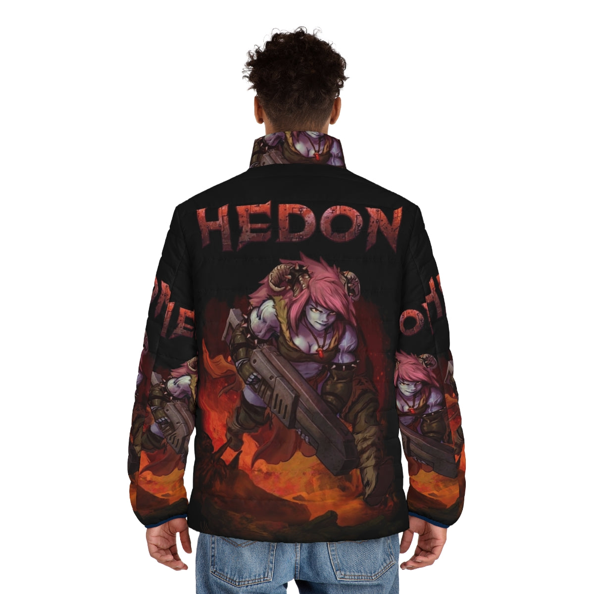 Hedon Zan fantasy puffer jacket with retro splash cover art design - men back