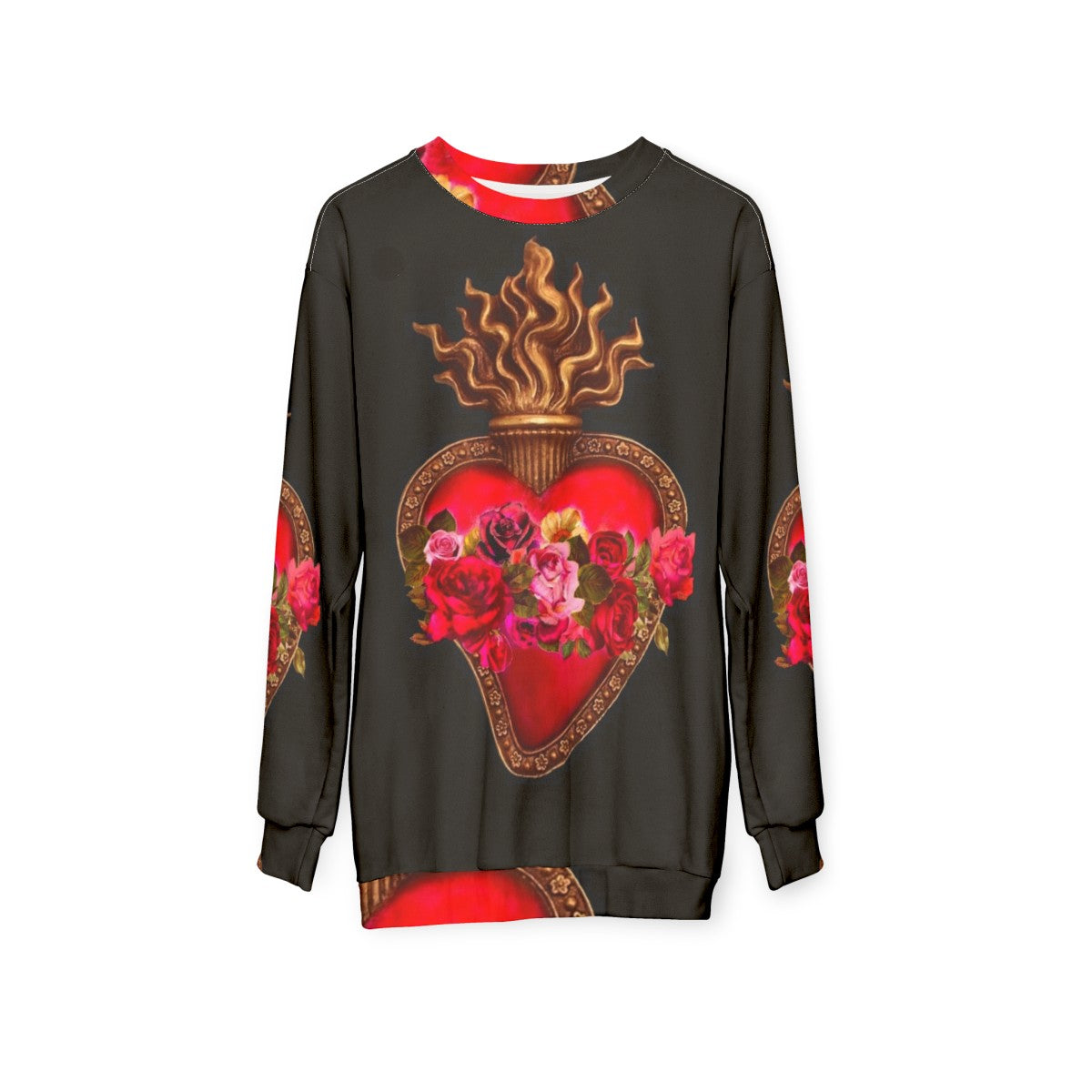 Vibrant sacred heart and immaculate heart red flaming heart design on a red sweatshirt - hanging