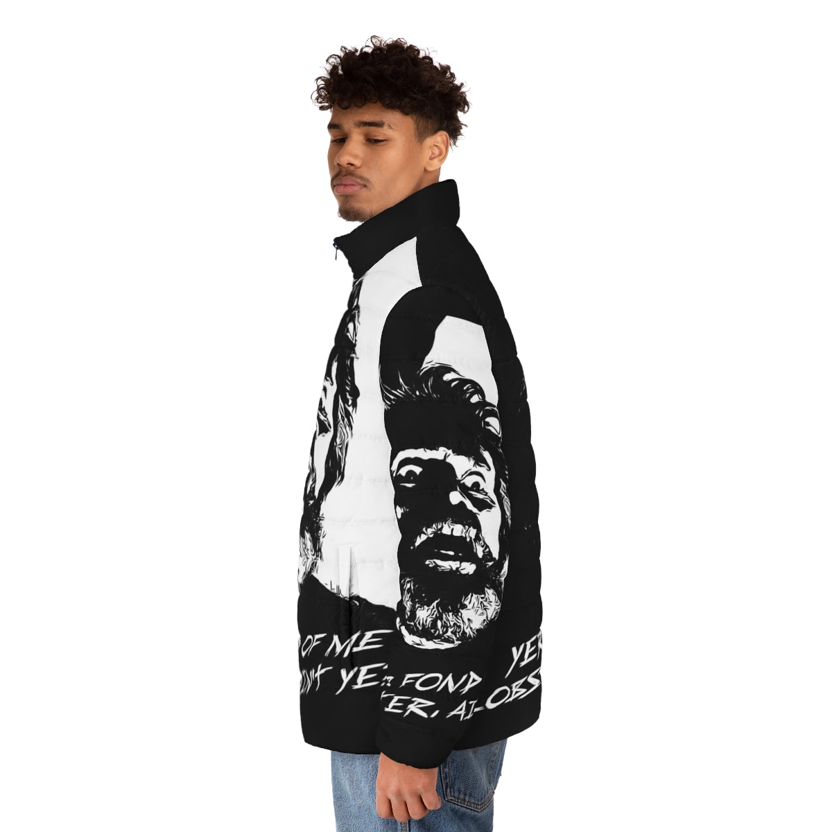 Lobster-themed puffer jacket with lighthouse and horror motifs - men side left