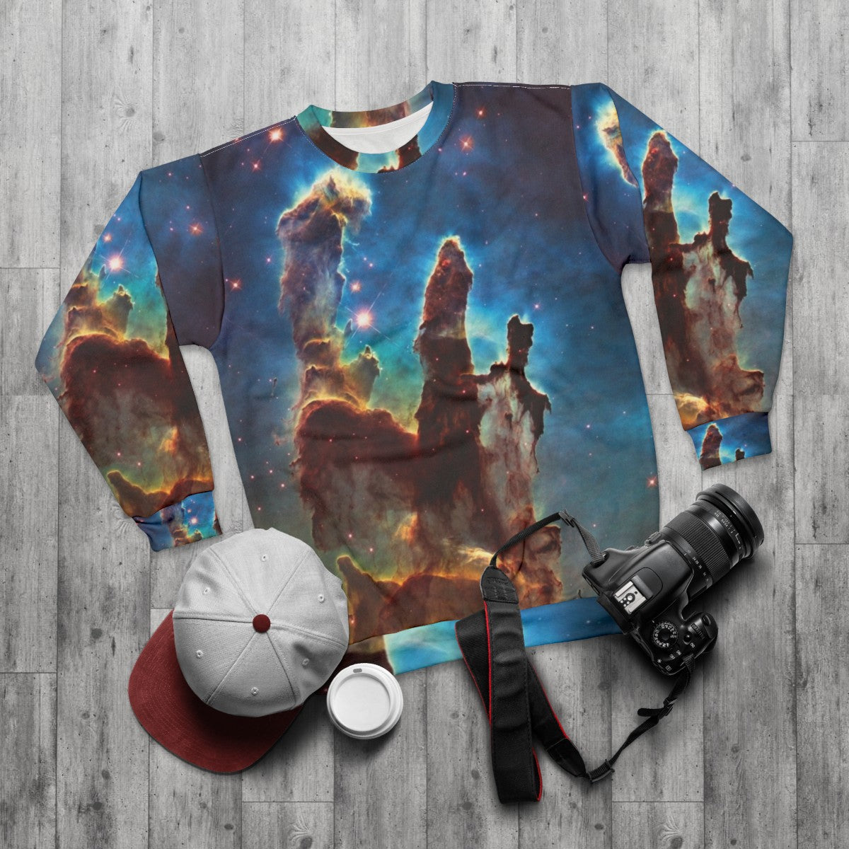 Nebula Sweatshirt featuring the Pillars of Creation - flat lay