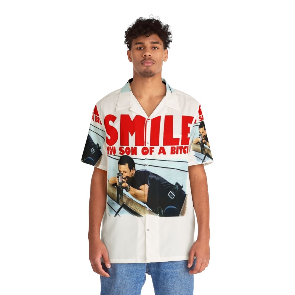 Classic 80s Shark Attack Hawaiian Shirt with Shark Jaws and "Smile You Son of a Bitch!" Slogan - People Front