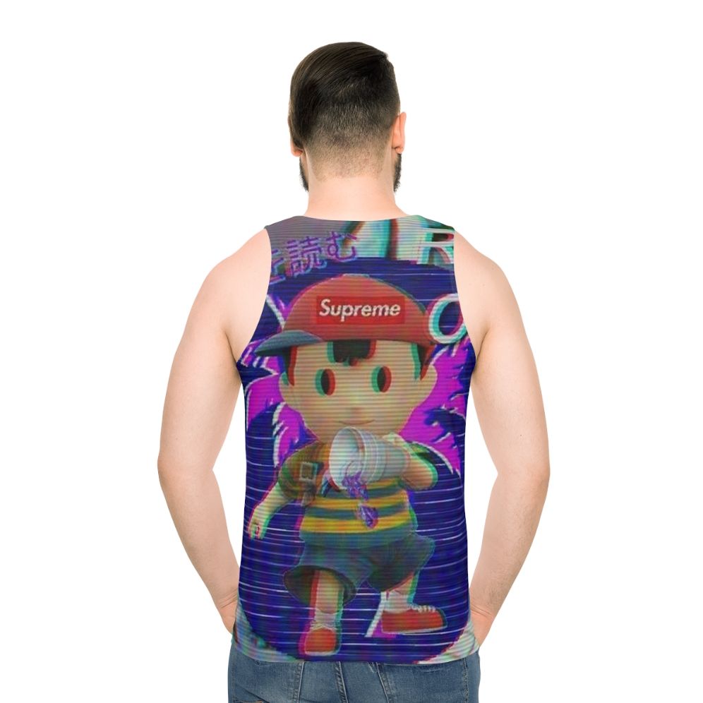 Unisex gaming tank top with retro Earthbound Ness design - men back