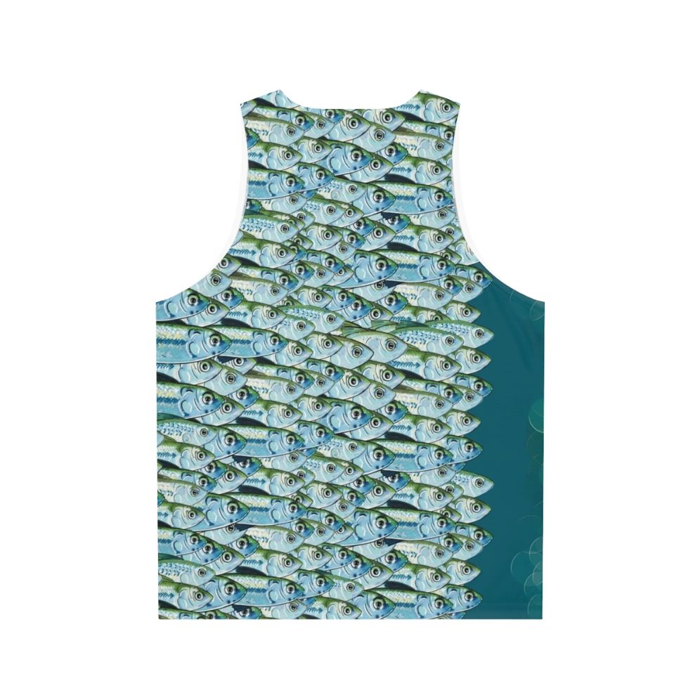 Unisex tank top featuring bait fish and green backs design - Back