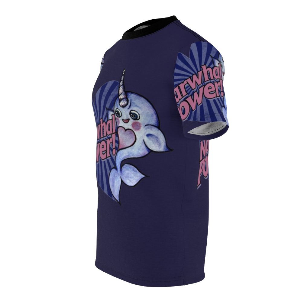 Whimsical illustration of a purple and blue narwhal on a high-quality t-shirt for narwhal enthusiasts. - men left