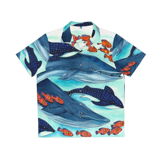 Colorful Hawaiian shirt with blue whales and other ocean life