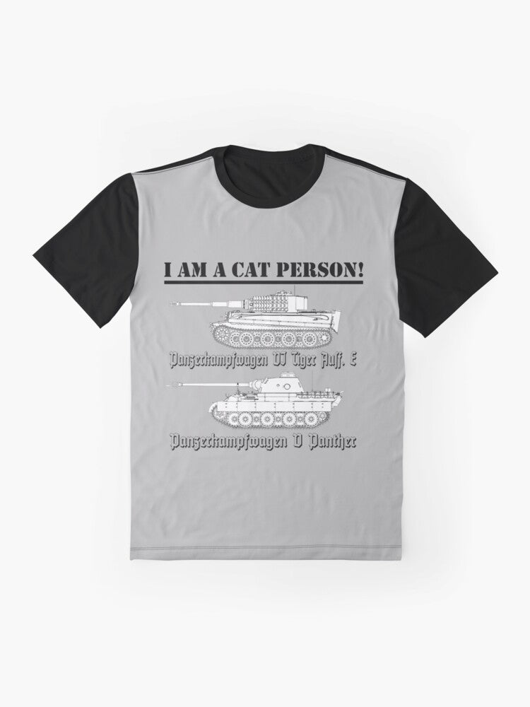 Graphic t-shirt with "I Am A Cat Person" design and tank/military imagery - Flat lay