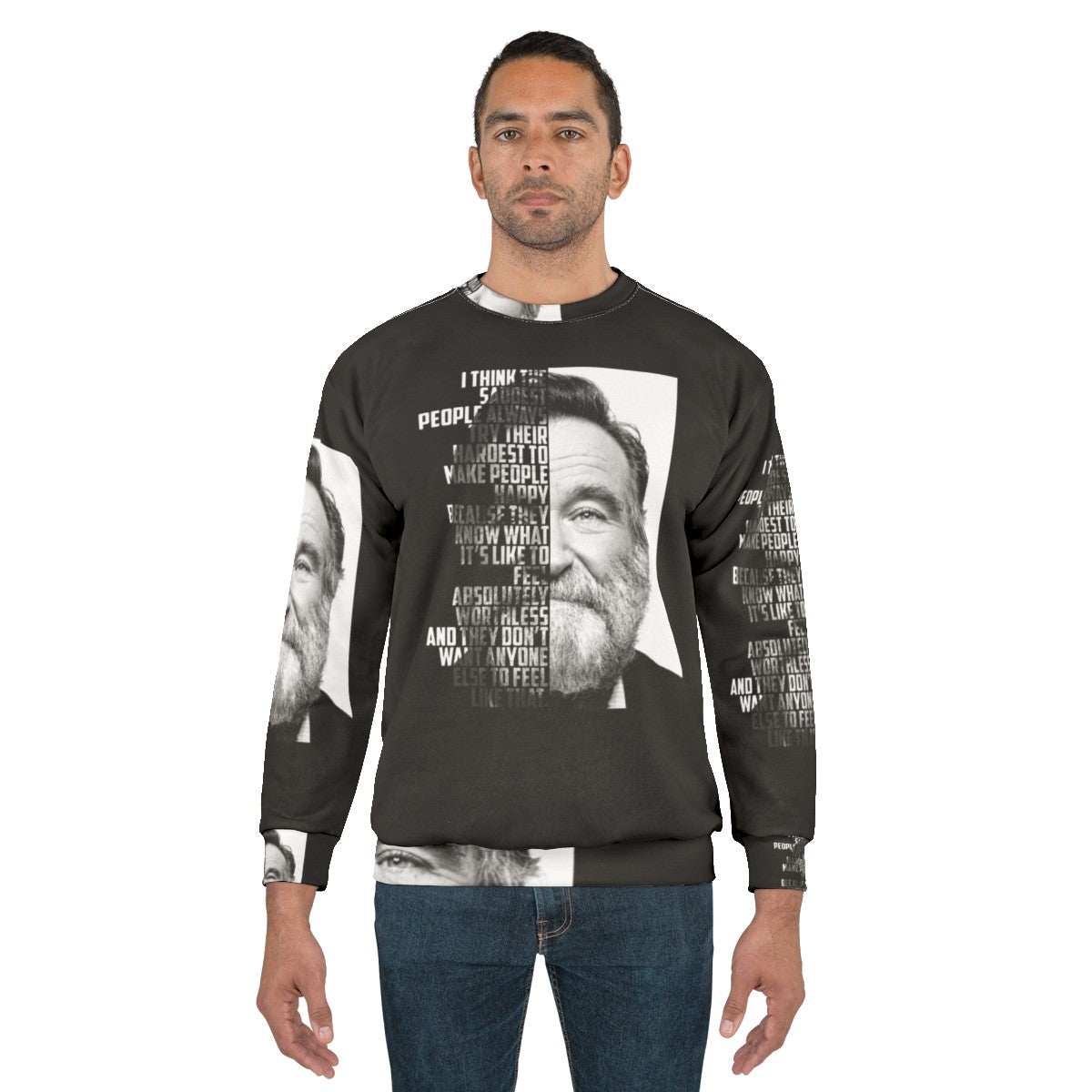 Retro Robin Williams Graphic Sweatshirt featuring inspirational quote - men