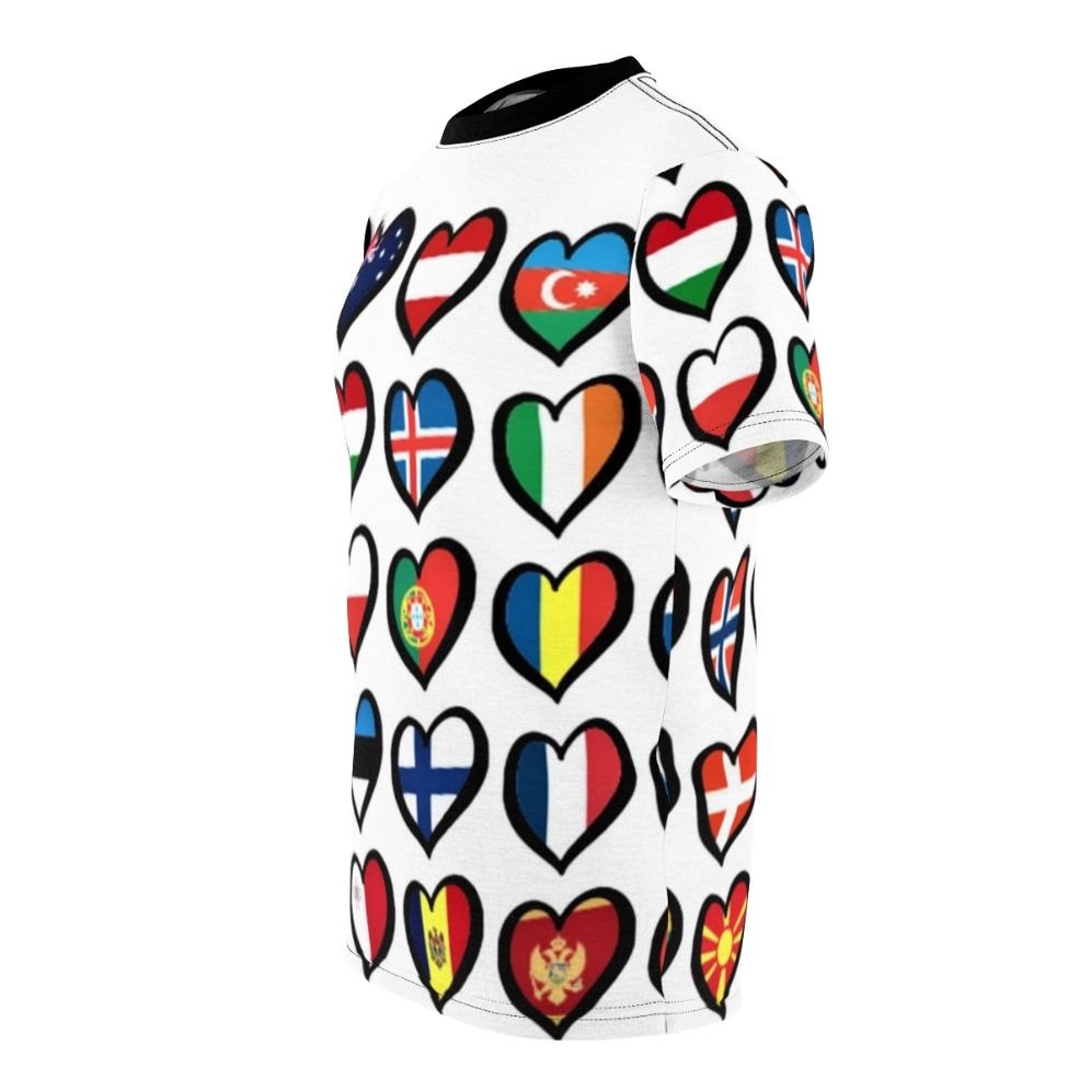 Vibrant AOP T-shirt featuring Eurovision Song Contest-themed graphics, including flags, hearts, and logos. - men left