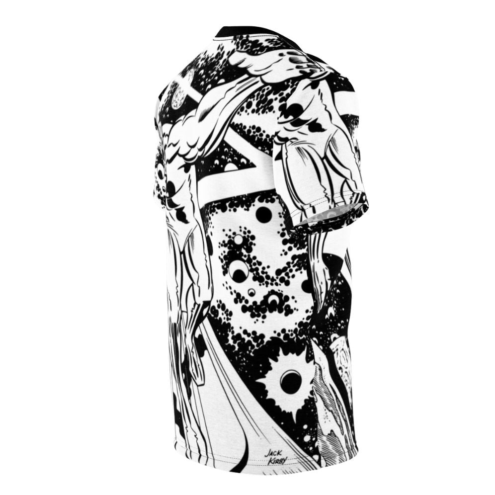 Artistic silver surfer character in black and white graphic design for a t-shirt - men right