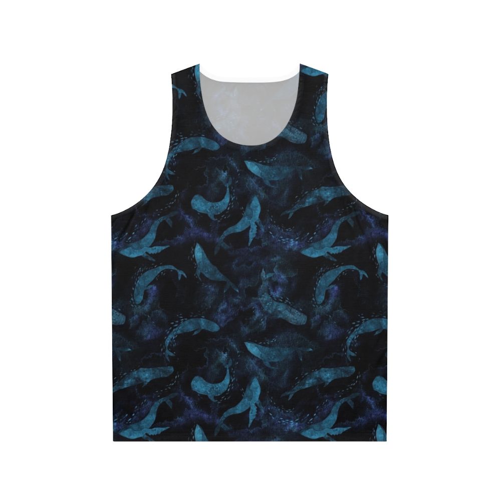 Indigo blue unisex tank top with whale design