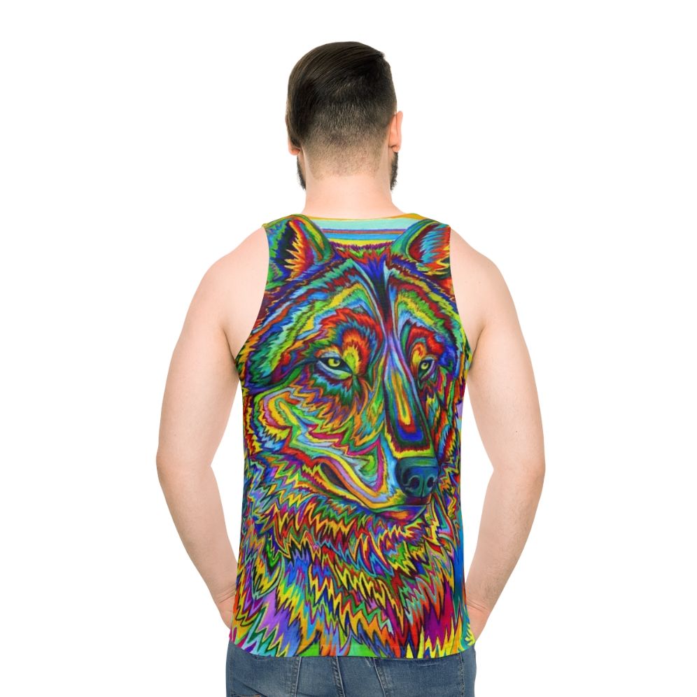 Colorful psychedelic rainbow wolf tank top design - men back