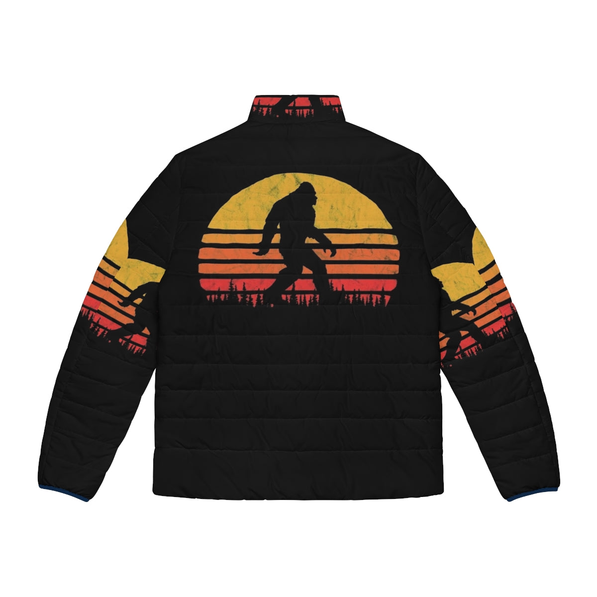 Retro puffer jacket with bigfoot silhouette and vintage sunset design - Back