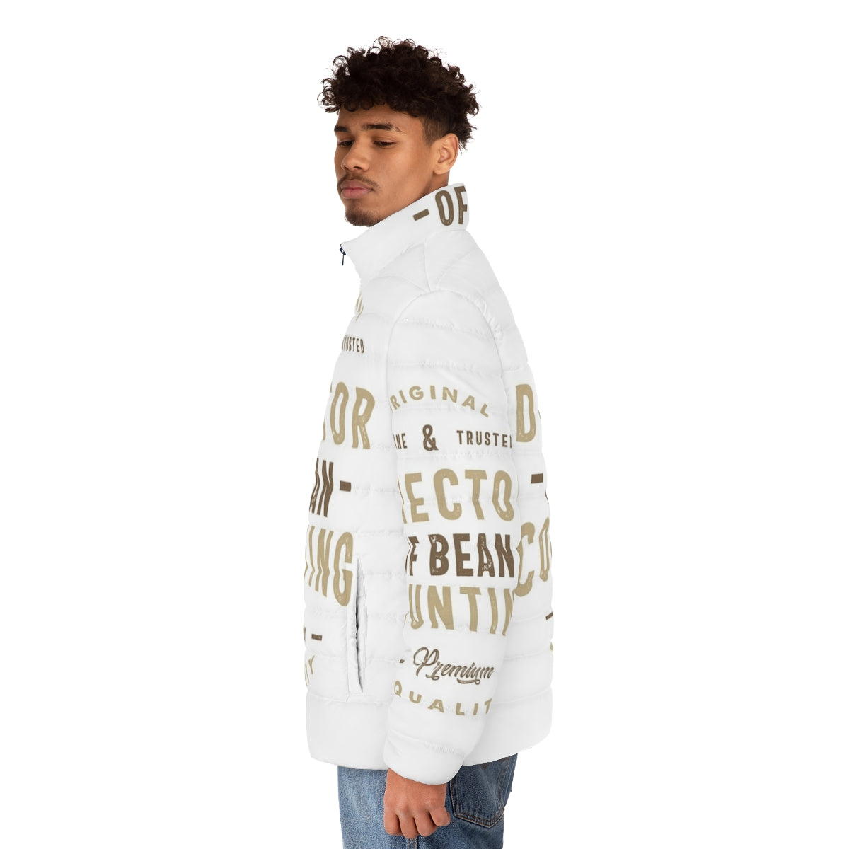 Director of Bean Counting Puffer Jacket with Typographic Design - men side left