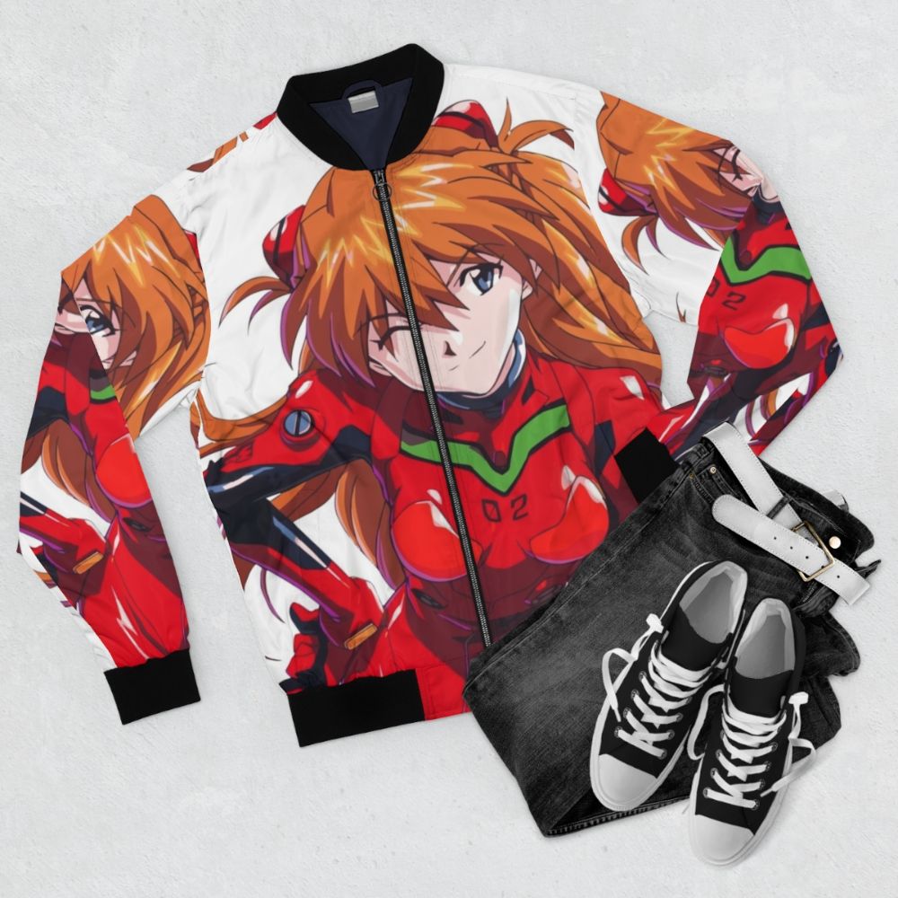 Asuka Langley Soryu Evangelion Anime Inspired Bomber Jacket - Flat lay