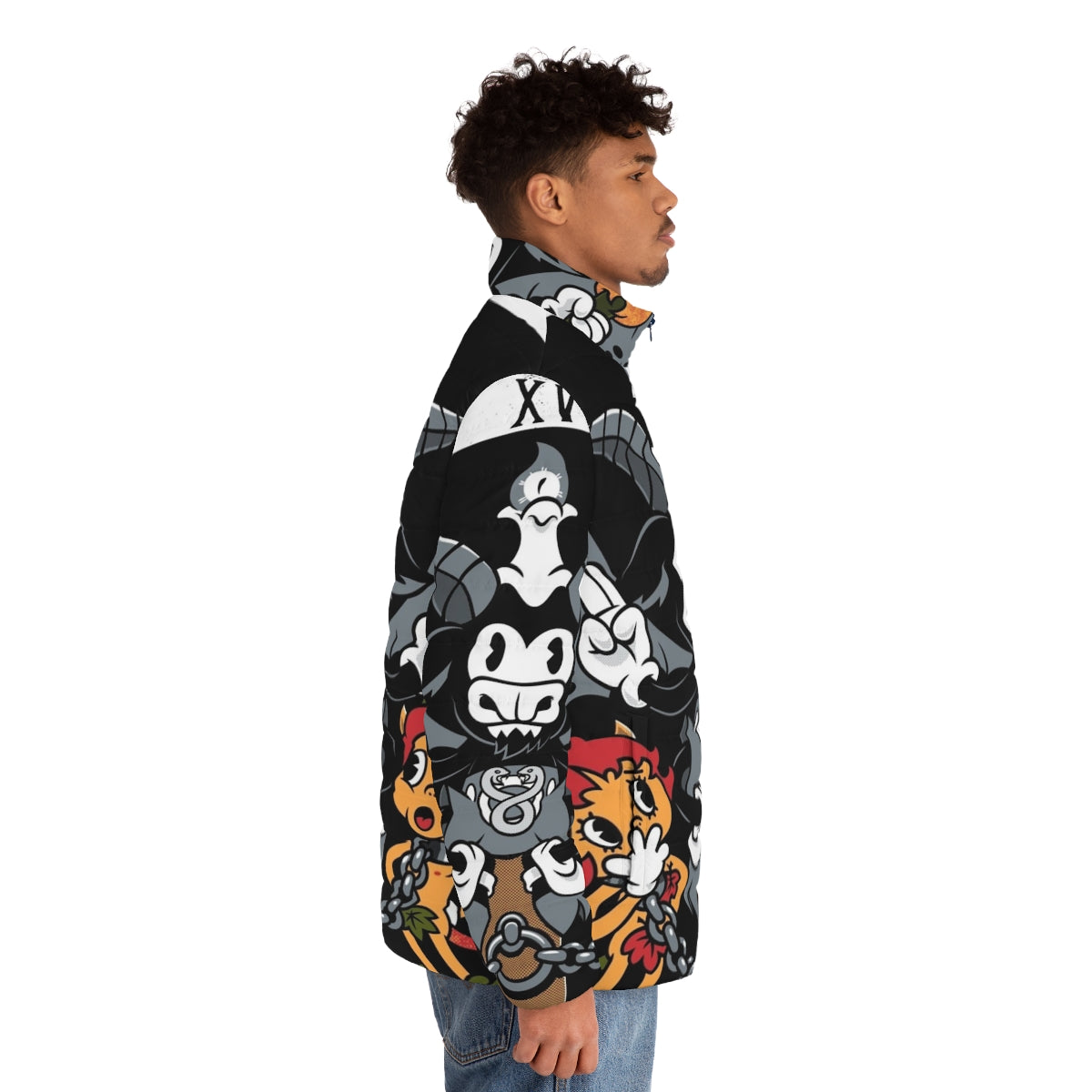 Baphomet tarot card puffer jacket featuring a vintage, retro-style design - men side right