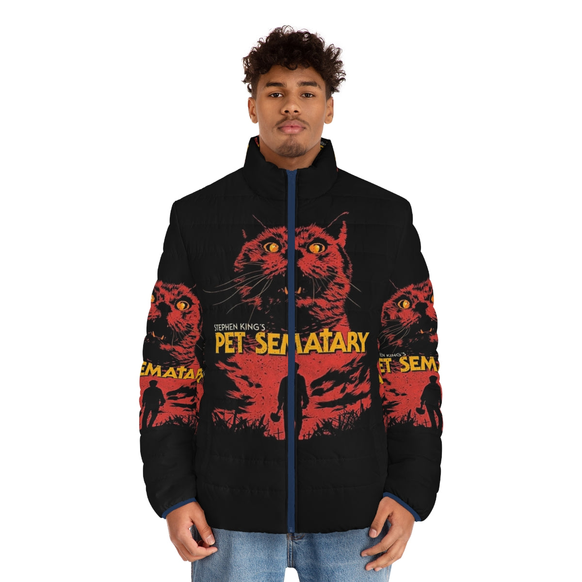 Pet Sematary inspired puffer jacket with horror movie graphics - men front