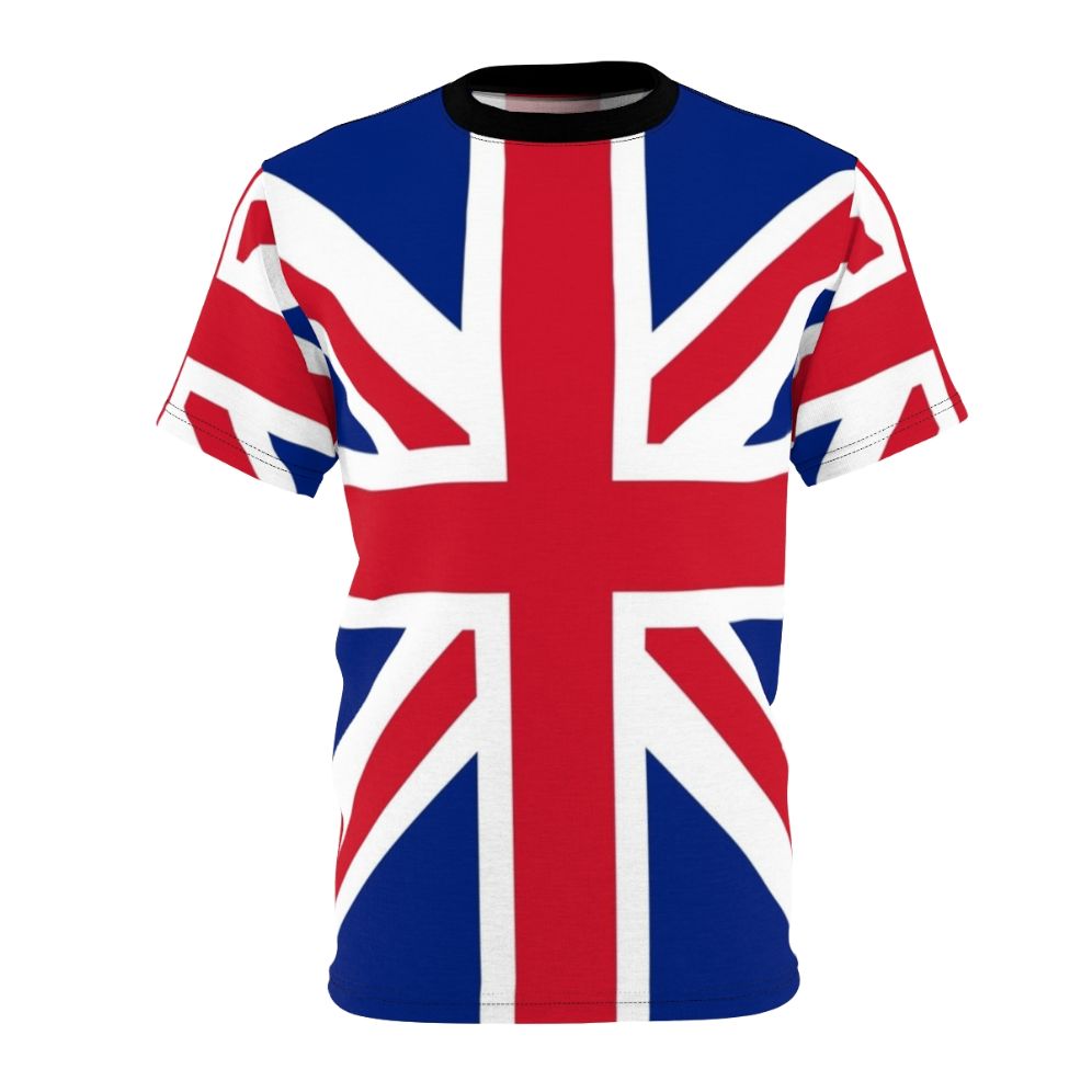 Photograph of a person wearing a t-shirt featuring the flag of the United Kingdom.