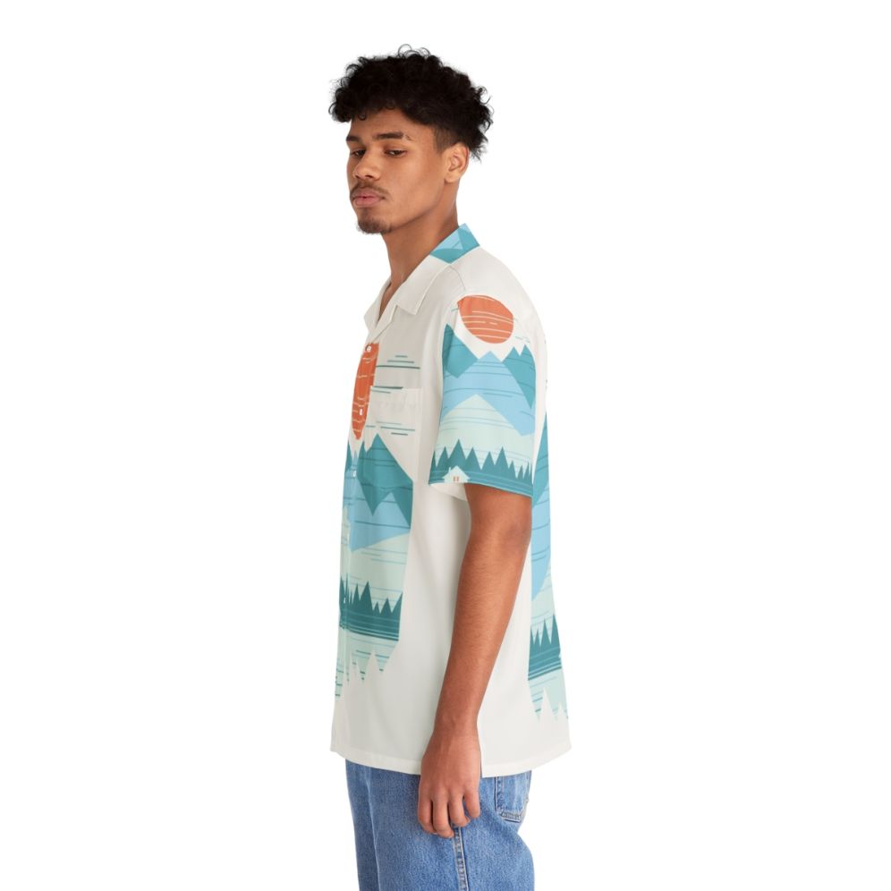 Cabin in the snow hawaiian shirt with minimalist mountain graphic design - People Left