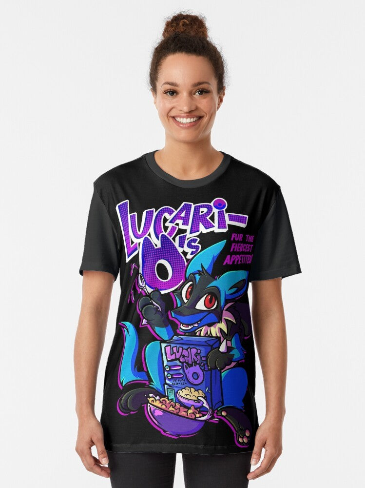 Graphic t-shirt featuring a cartoon wolf character and a Lucari-O's cereal box design in a vaporwave/comic style. - Women