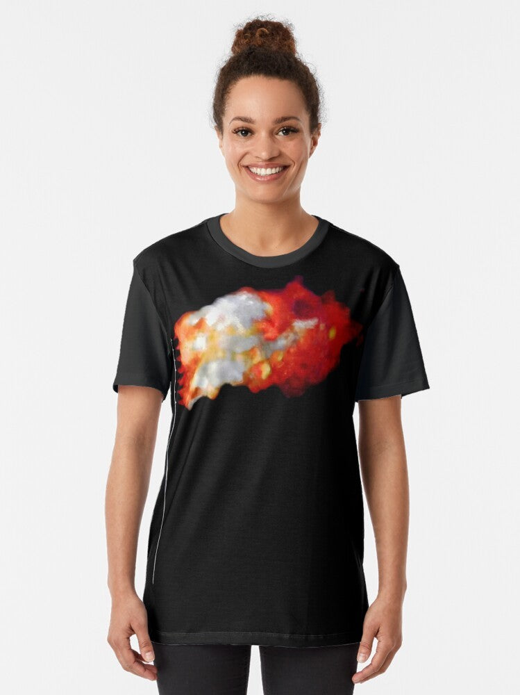 A graphic t-shirt featuring a burning American flag design. - Women