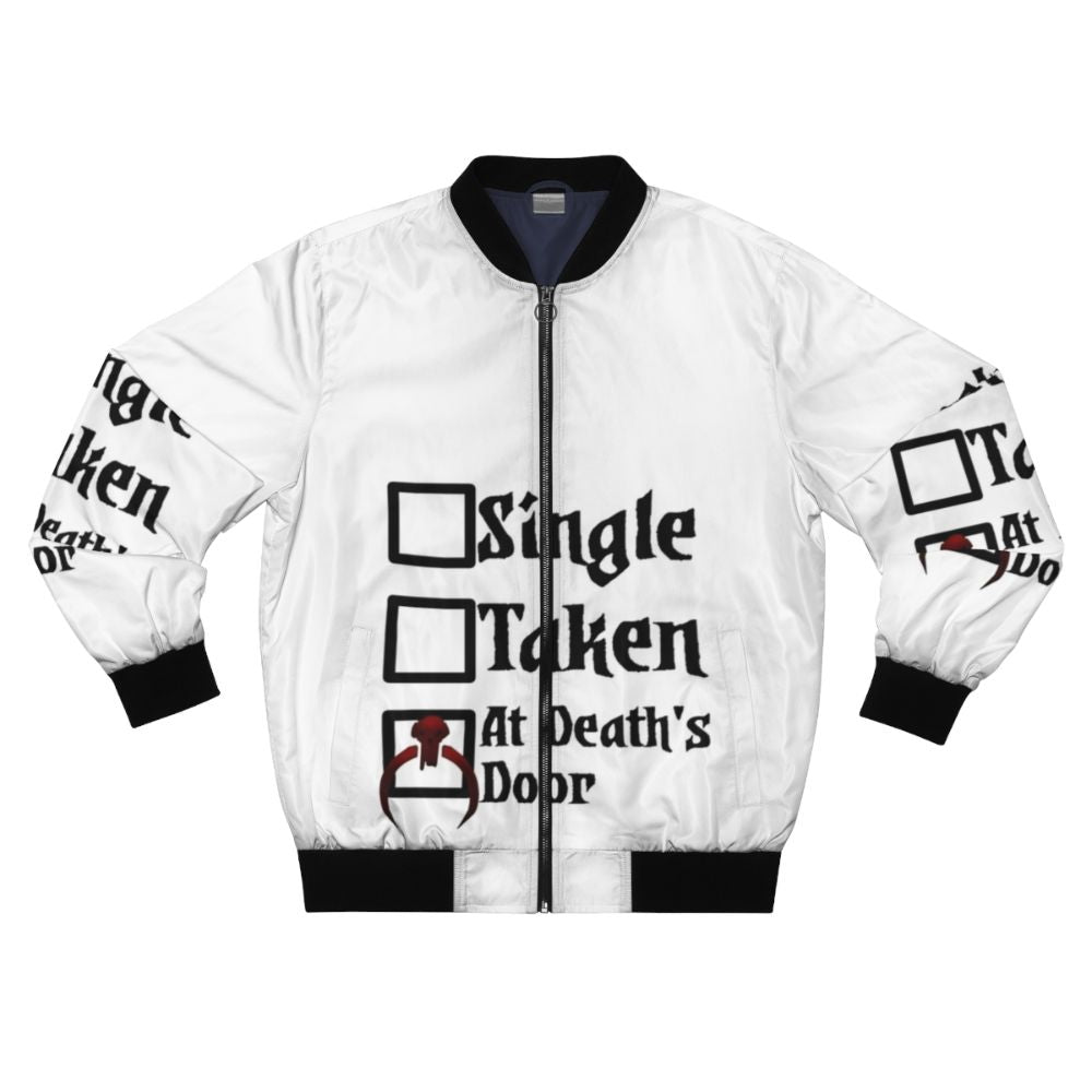 Darkest Dungeon themed bomber jacket with "Single, Taken at Death's Door" design