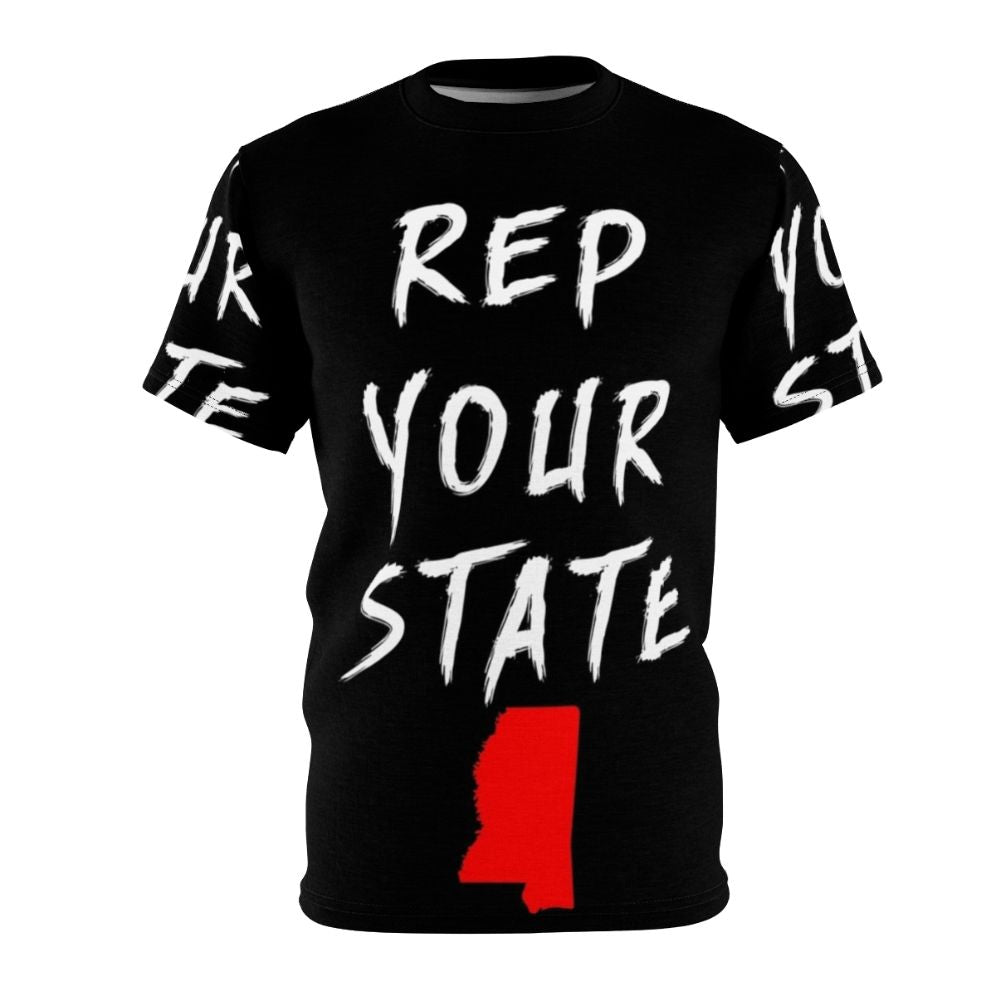 A vibrant all-over-print t-shirt featuring the state of Mississippi and a graphic design