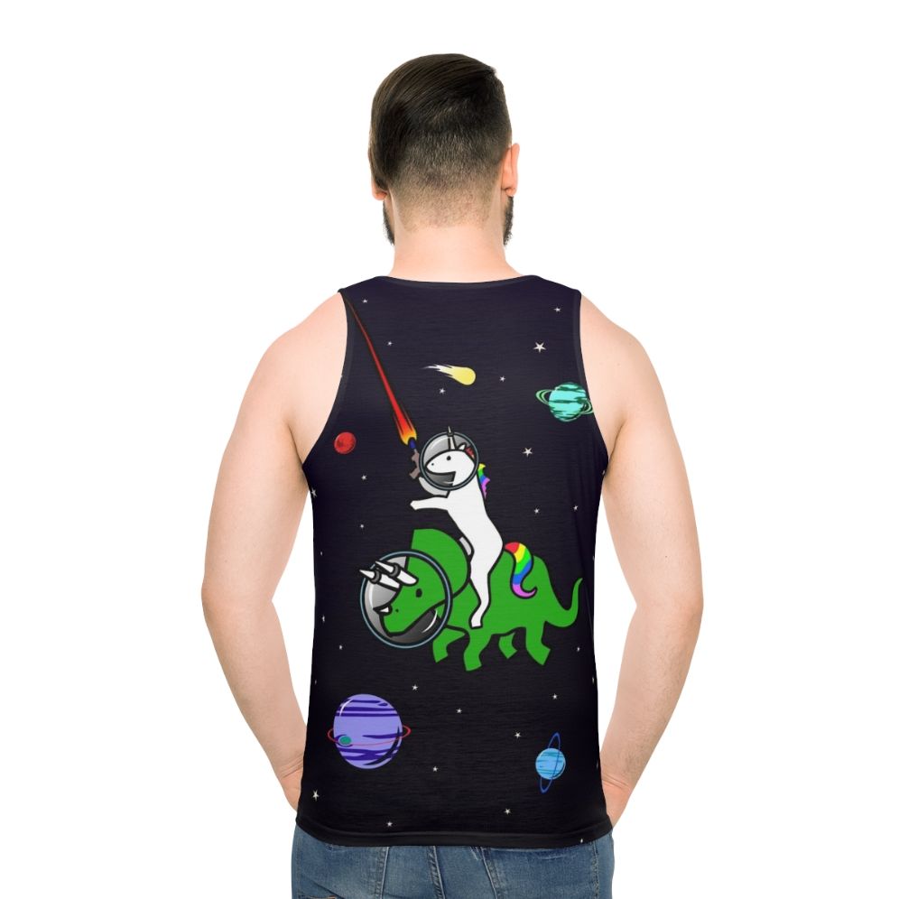 Unicorn riding triceratops in space unisex tank top - men back