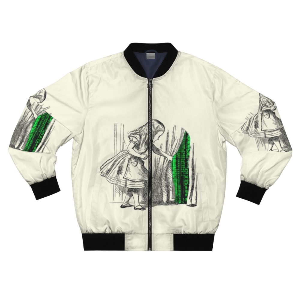 Alice in Wonderland "Follow the White Rabbit" Bomber Jacket with Matrix-inspired design