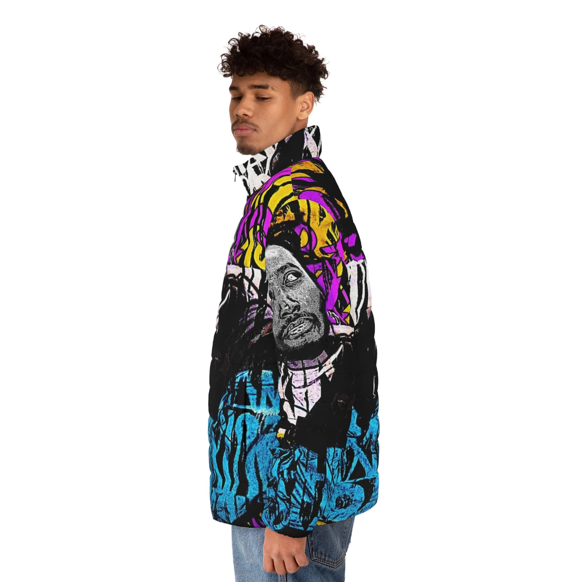 Graffiti-inspired puffer jacket with yellow and blue design - men side left