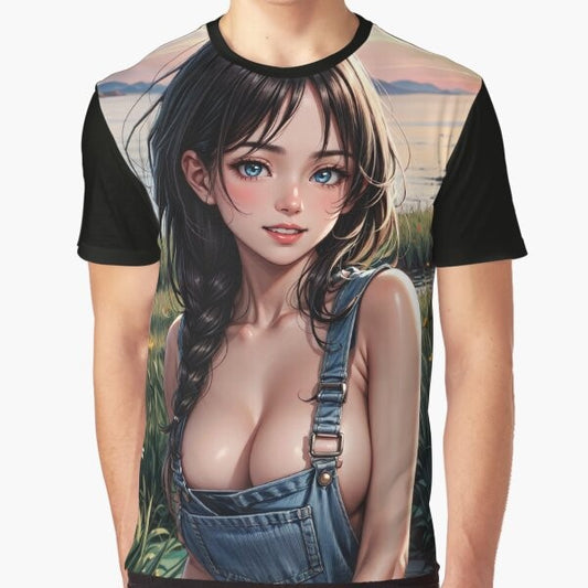 Anime pinup girl Syun Kamakado 047 picking wildflowers graphic t-shirt design