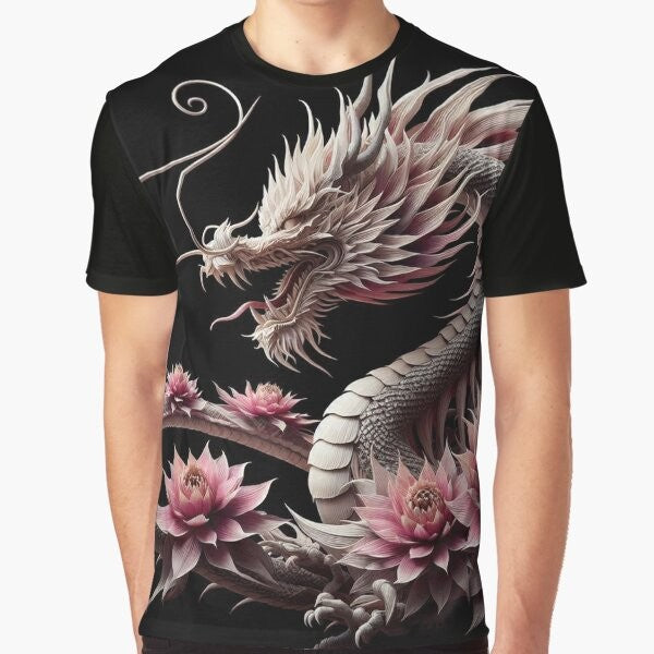 A graphic t-shirt featuring a mythical dragon surrounded by Japanese flowers like cherry blossoms and lotus.